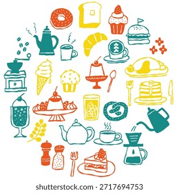 Bunte handgezeichnete Café-Menü und Süßigkeiten Illustration Set