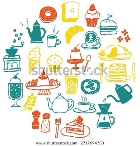 Colorful hand-drawn cafe menu and sweets illustration set