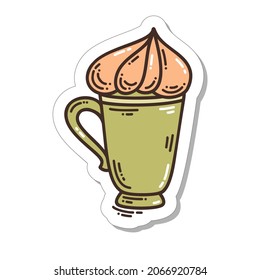 Colorful hand-drawn cappuccino cup sticker in doodle style isolated on white background. Cute vector collection for seasonal decoration.