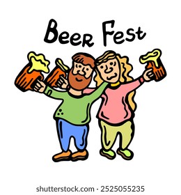 A colorful, hand-drawn cartoon illustration of two cheerful friends celebrating a beer festival, holding foamy beer mugs in a fun, festive atmosphere