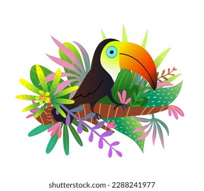 A colorful hand-drawn clipart of a toucan with exotic leaves in jungle nature. Bird character illustration in vibrant colors, hand drawn design. Vector illustration modern design.