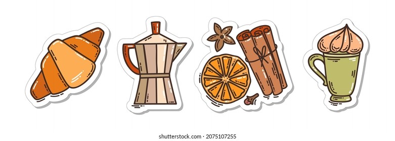 Colorful hand-drawn cold days mood stickers set with a croissant, a coffee pot, a cup of cappuchino and spices in doodle style. Cute vector collection for decoration.