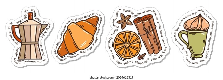 Colorful hand-drawn cold days mood stickers set with a croissant, a coffee pot, a cup of cappuccino and spices in doodle style isolated on white background. Cute vector for seasonal decoration.