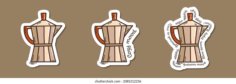 Colorful hand-drawn cold days mood stickers set with a coffee pot in doodle style and lettering isolated on white background. Cute vector collection for seasonal decoration.