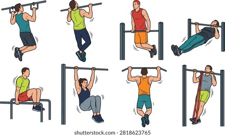 A colorful hand-drawn collection of athletes performing pull ups, chin ups, dips, inverted rows, hanging knee raises, and resistance band exercises. Ideal for fitness programs, gym posters, workout guides, sports websites, and strength training materials.