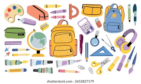 Colorful hand-drawn collection of school supplies including backpacks, pencils, paints, scissors, and other stationery. Perfect for education, back-to-school designs, and kids' materials.
