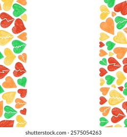 Colorful hand-drawn crayon heart border on white background

