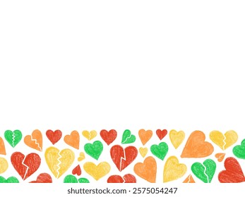 Colorful hand-drawn crayon  hearts border on white background

