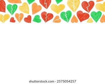 Colorful hand-drawn crayon  hearts border on white background

