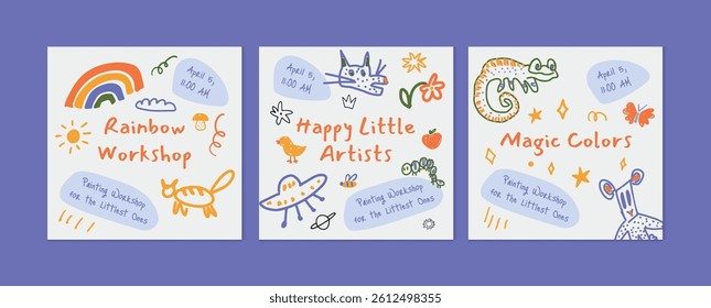 Colorful hand-drawn crayon style kids painting workshop set. Social media posts, posters, invitations for children. Vector illustration on white.