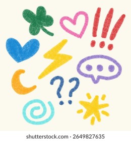 Colorful hand-drawn crayon symbols and icons set including hearts, punctuation, lightning, and expressive elements. Fun decorative design for kids graphics, posters, social media, and education
