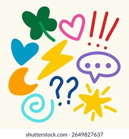 Colorful hand-drawn crayon symbols and icons set including hearts, punctuation, lightning, and expressive elements. Fun decorative design for kids graphics, posters, social media, and education