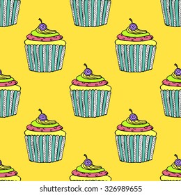 Colorful Hand-drawn Cup Cake Pattern on Blue Background - Hand Drawn Doodle Seamless Pattern - Vector Illustration