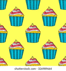 Colorful Hand-drawn Cup Cake Pattern on Yellow Background - Hand Drawn Doodle Seamless Pattern - Vector Illustration