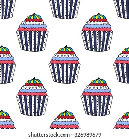 Colorful Hand-drawn Cup Cake Pattern on White Background - Hand Drawn Doodle Seamless Pattern - Vector Illustration