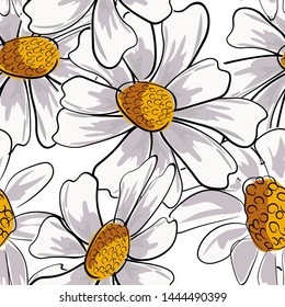 Colorful hand-drawn daisies seamless pattern in modern style on white background