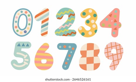 Colorful hand-drawn decorative numbers from 0 to 9 in flat style. Each number features unique patterns like stripes, polka dots, and zigzags. Perfect for kids projects, posters, or learning media.