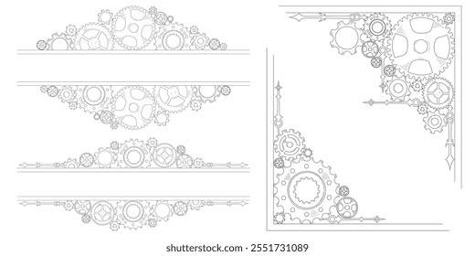 Colorful hand-drawn doodle cogwheels forming a gear mechanism in a corner, border, and frame style, conveying teamwork and business progress.