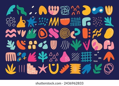 Colorful Hand-Drawn Doodle Collection: Abstract Shapes on Dark Blue Background