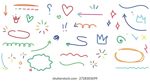 Farbenfrohe handgezeichnete Doodle-Kollektion mit Pfeilen unterstreicht Herzen und Kronen für kreative Designprojekte