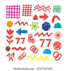 Colorful hand-drawn doodle elements on a white background. Abstract shapes, lines, and symbols in a playful, artistic style.