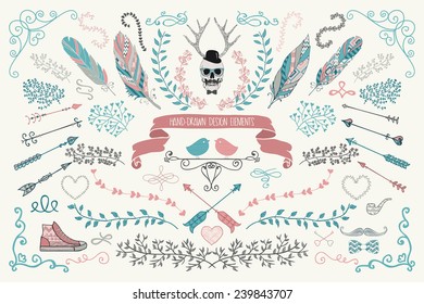 Colorful Hand-Drawn Doodle Floral Design Elements. Decorative Flourish Brackets, Wreaths, Laurels. Vector Illustration.