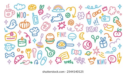 Colorful Hand-Drawn Doodle Icons | Fun and Random Line Art Collection of Everyday Objects and Symbols | Vector Set for Kids, Lifestyle, and Creative Design Projects