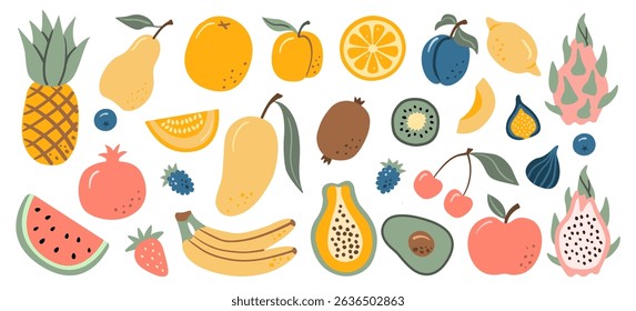 Colorful hand-drawn doodle illustration of assorted fruits like pineapple, mango, and dragon fruit, perfect for healthy eating, tropical themes, and food-related designs.