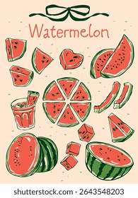 Colorful hand-drawn doodle illustration set of watermelon in line art style. A playful collection of fruit sketches with artistic textures and bright colors	