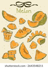 Colorful hand-drawn doodle illustration set of melon in line art style. A playful collection of fruit sketches with artistic textures and bright colors	