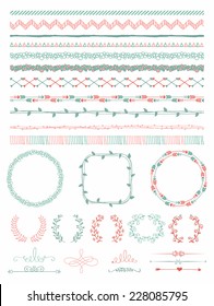 Colorful Hand-Drawn Doodle Seamless Borders and Design Elements. Decorative Flourish Frames, Brackets. Vector Illustration. Pattern Brushes