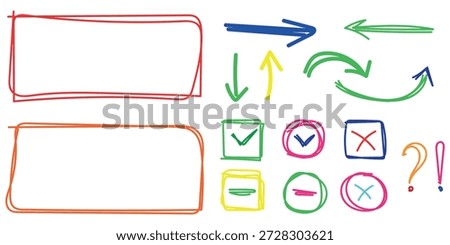 Colorful handdrawn doodle set with various rectangular frames different direction arrows checkmarks Xmarks and useful punctuation marks
