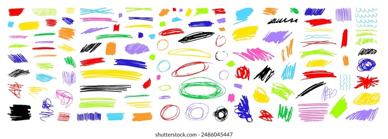 Colorful hand-drawn doodle shape set. Pencil and charcoal strokes, spirals, and scribbles isolated on transparent bg. Random childish color pencil swirls. Freehand crayon shapes, grungy charcoal lines