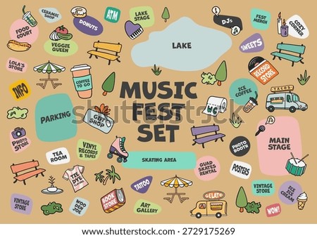 Colorful hand-drawn doodle vector set of cute cartoon icons and stickers for music festivals, backyard parties, concerts, fairs, outdoor events, maps, posters, and playful branding designs.