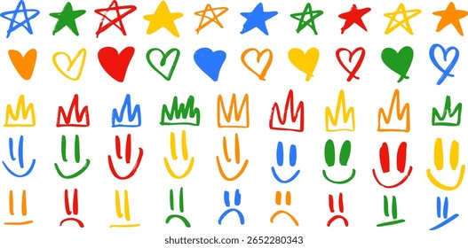 Colorful hand-drawn doodles including stars, hearts, crowns, happy and sad faces. Fun and playful design for kids, stickers, or creative digital projects. Vector EPS 10