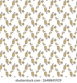 Colorful Hand-Drawn Drinks and Stars Seamless Pattern on White Background