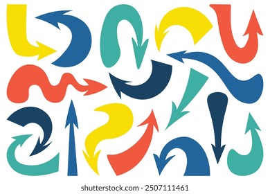 Colorful hand-drawn dynamic Doodle Arrows, isolated on transparent background. Concept of direction and navigation. Back to school. Vector illustration.