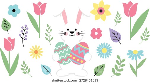 Un colorido huevo de Pascua dibujado a mano adornado con conejitos, flores y decoraciones estampadas, perfecto para las celebraciones de primavera.