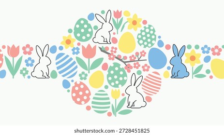Un colorido huevo de Pascua dibujado a mano adornado con conejitos, flores y decoraciones estampadas, perfecto para las celebraciones de primavera.