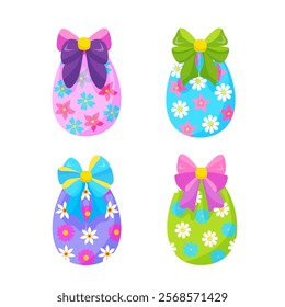 colorful hand-drawn Easter eggs set with bows, ribbons and flowers. vector