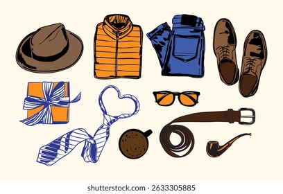 Colorful hand-drawn elements for Father's Day including clothes, gift, coffee, and accessories. Perfect for cards, posters, and dad-themed designs.