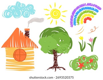 Colorful hand-drawn elements landscape with a small house, tree, rainbow, clouds, and flowers.
