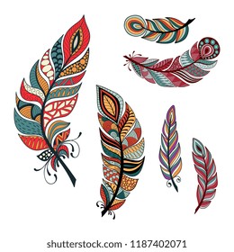 Colorful hand-drawn feather set. Decorative element for flyer, banner, card and other