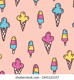 Colorful Hand-Drawn Felt Tip Marker Melting Ice Cream Cones and Scoops Vector Seamless Pattern. Cute Summer Trendy Kids Print for Fashion, Textiles