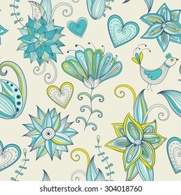 Colorful hand-drawn floral background. Seamless pattern. Can be used for textile design, web page background, surface textures, wallpaper