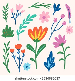Colorful hand-drawn floral elements in a modern, playful style. Perfect for spring, wedding invitations, or home decor. Bright, whimsical, and versatile for various design projects