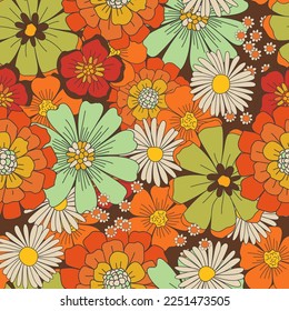 Colorful Hand-Drawn Floral Vector Seamless Pattern. Retro 70s Style Nostalgic Fashion Textile Bold Background. Summer Resort Print. Daisies. Flower Power