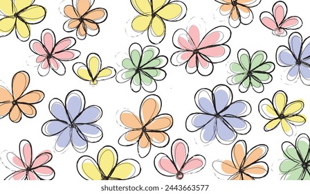 Colorful hand-drawn flower design background with black brush lines.