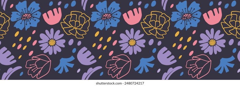 Colorful Hand-Drawn Flower Doodles Seamless Background Vector Illustration