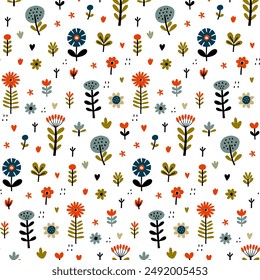 Colorful Hand-Drawn Flower Pattern for Textile and Wallpaper.